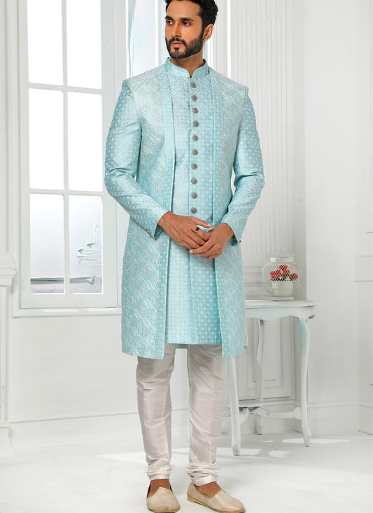 Sky Blue Art Silk Embroidered Mens Indo Western