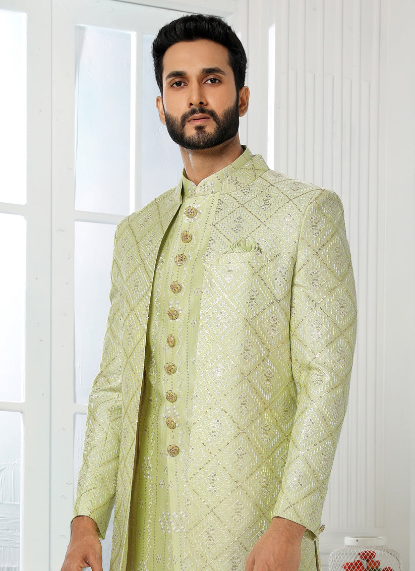 Pistachio Green Art Silk Embroidered Mens Indo Western