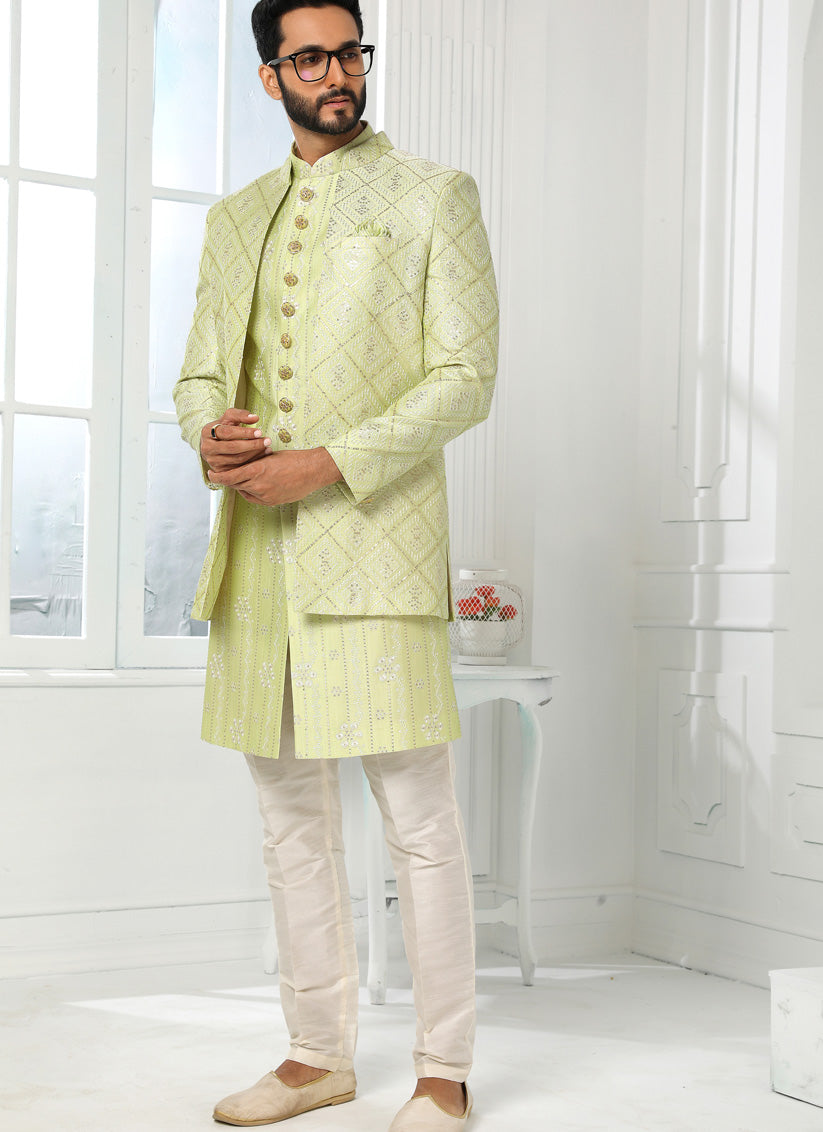 Pistachio Green Art Silk Embroidered Mens Indo Western