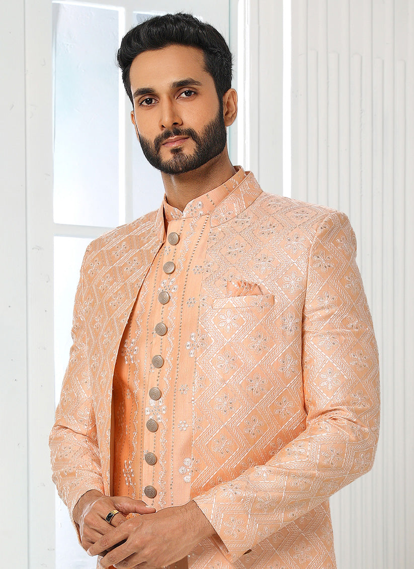 Peach Art Silk Embroidered Mens Indo Western