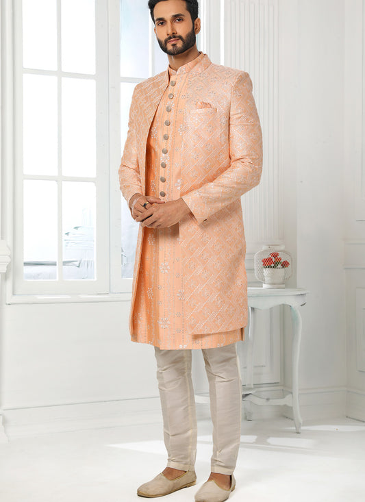 Peach Art Silk Embroidered Mens Indo Western