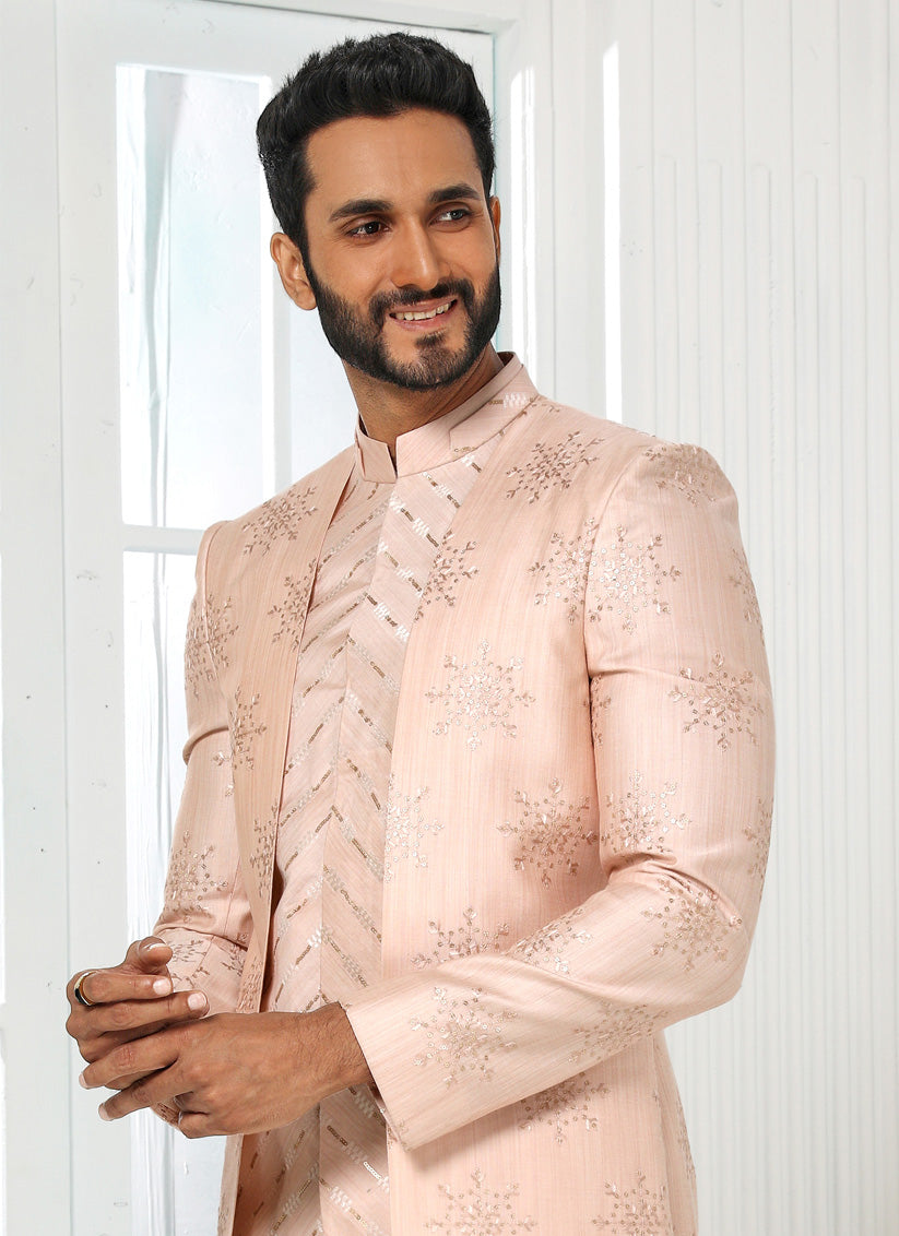 Blush Peach Art Silk Embroidered Mens Indo Western