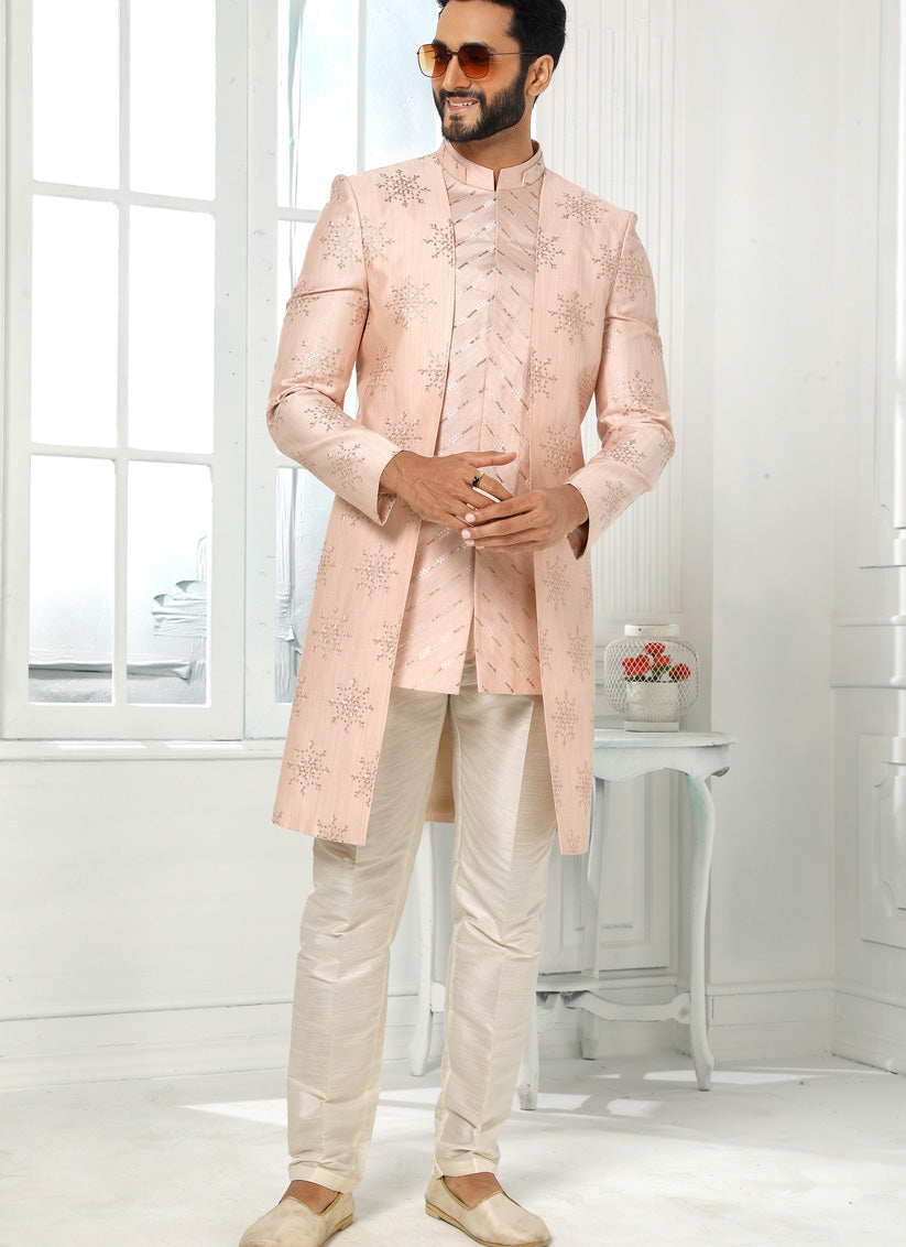 Blush Peach Art Silk Embroidered Mens Indo Western