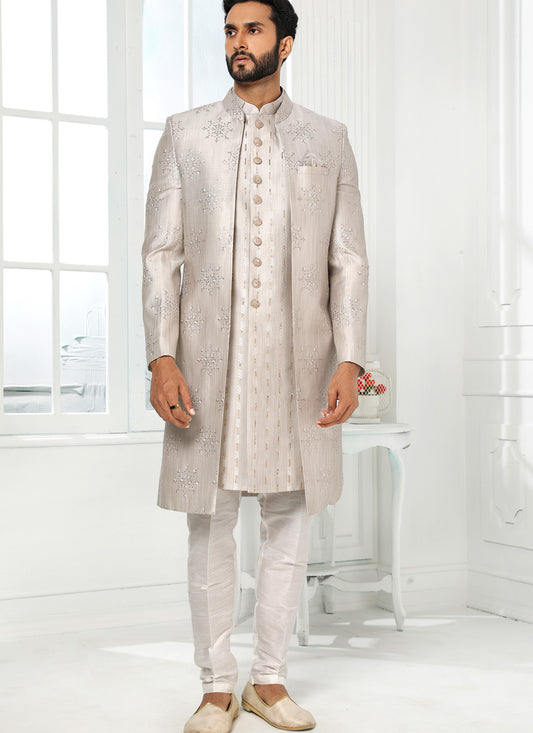 Grey Art Silk Embroidered Mens Indo Western