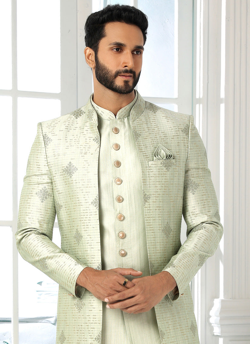 Mint Green Art Silk Embroidered Mens Indo Western