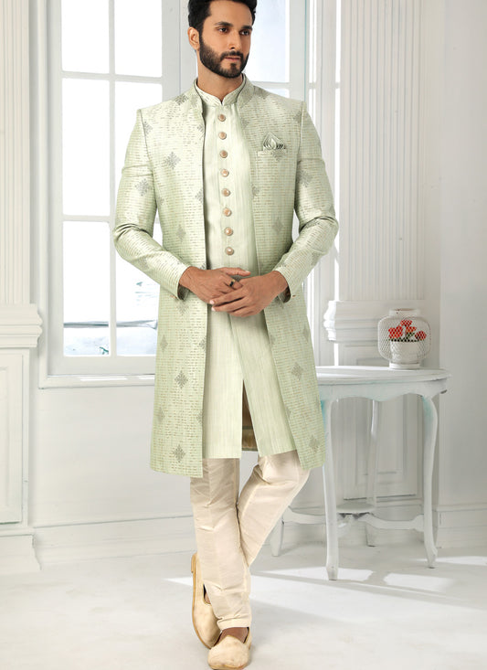 Mint Green Art Silk Embroidered Mens Indo Western