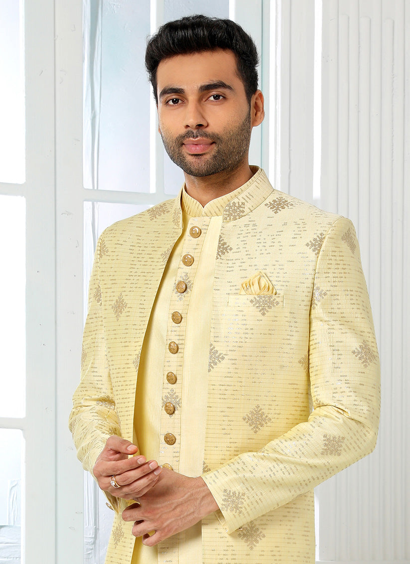 Pastel Yellow Art Silk Embroidered Mens Indo Western