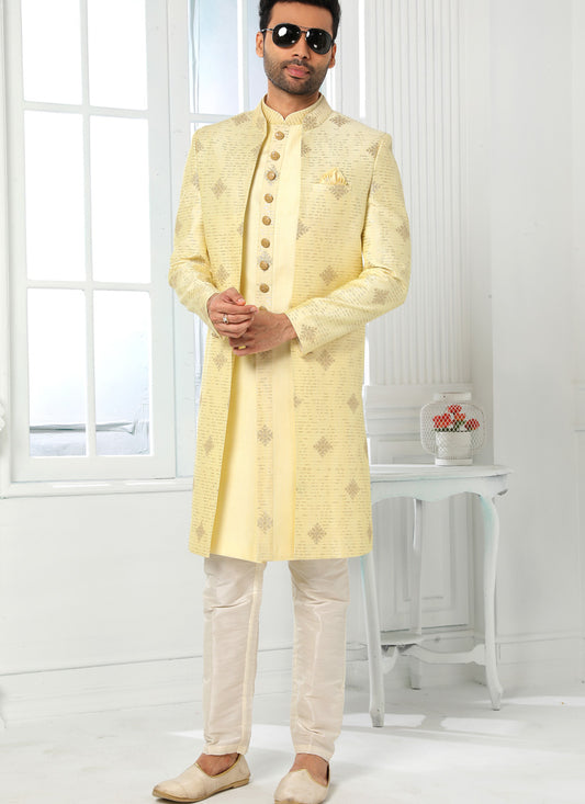 Pastel Yellow Art Silk Embroidered Mens Indo Western