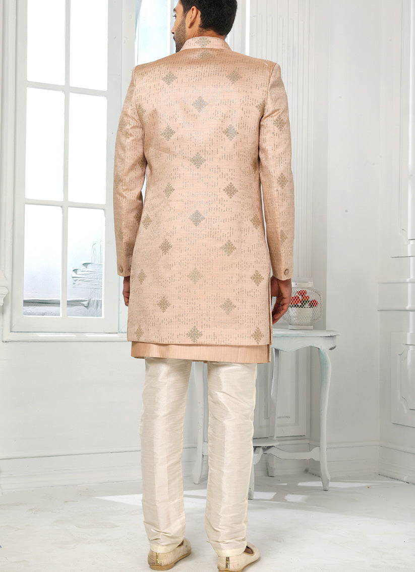 Blush Peach Art Silk Embroidered Mens Indo Western