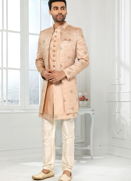 Blush Peach Art Silk Embroidered Mens Indo Western