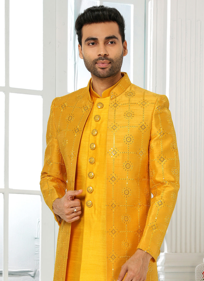 Golden Yellow Art Silk Embroidered Mens Indo Western