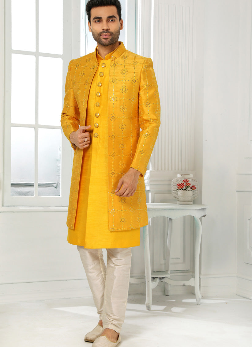 Golden Yellow Art Silk Embroidered Mens Indo Western