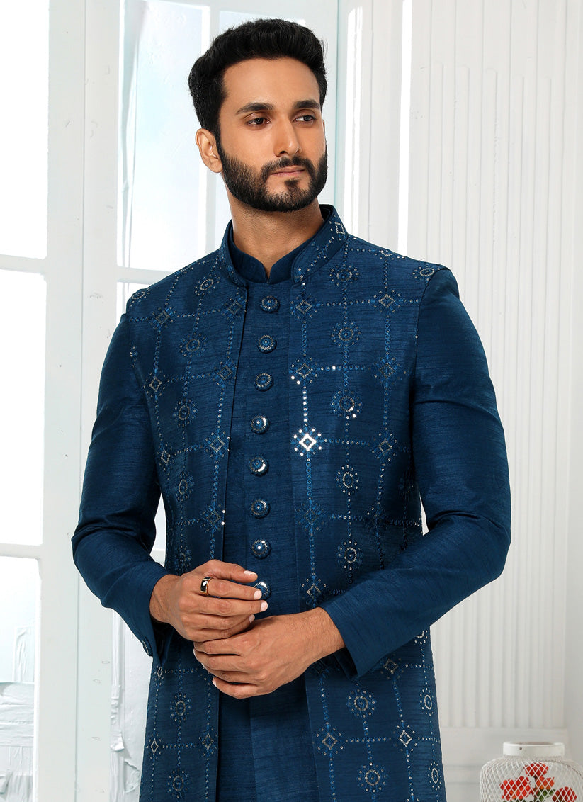 Peacock Blue Art Silk Embroidered Mens Indo Western