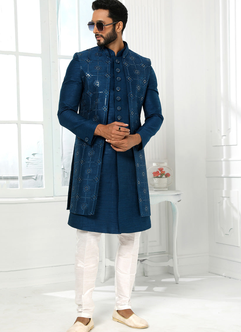 Peacock Blue Art Silk Embroidered Mens Indo Western