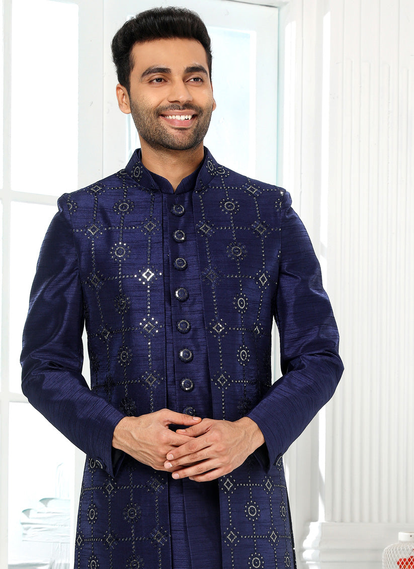 Navy Blue Art Silk Embroidered Mens Indo Western