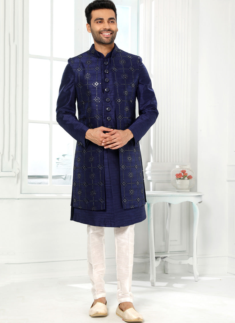 Navy Blue Art Silk Embroidered Mens Indo Western