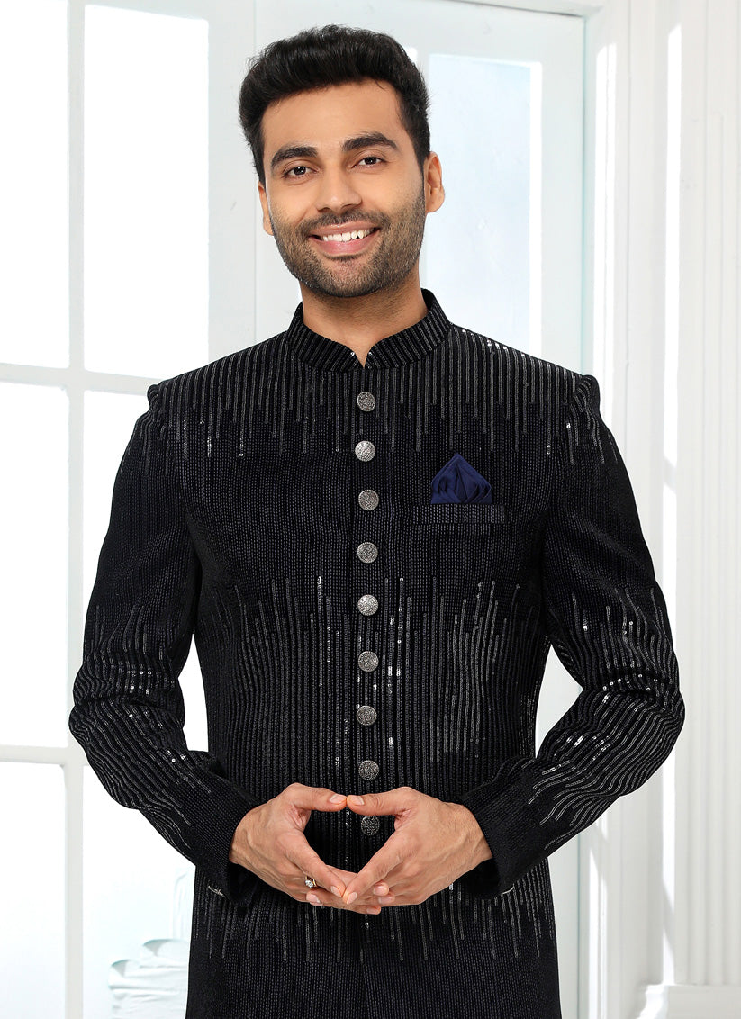 Midnight Blue Art Silk Sequined Mens Sherwani