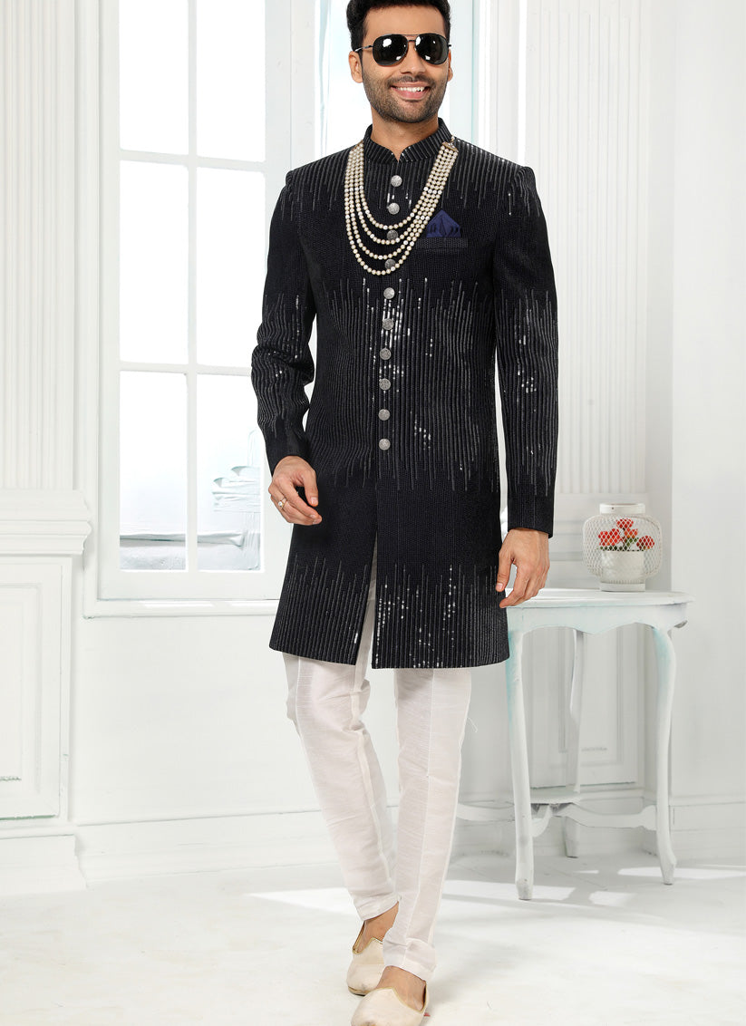 Midnight Blue Art Silk Sequined Mens Sherwani