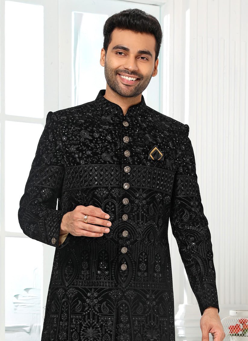 Black Art Silk Embroidered Mens Sherwani