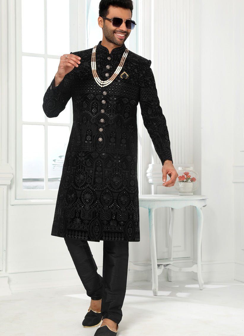 Black Art Silk Embroidered Mens Sherwani