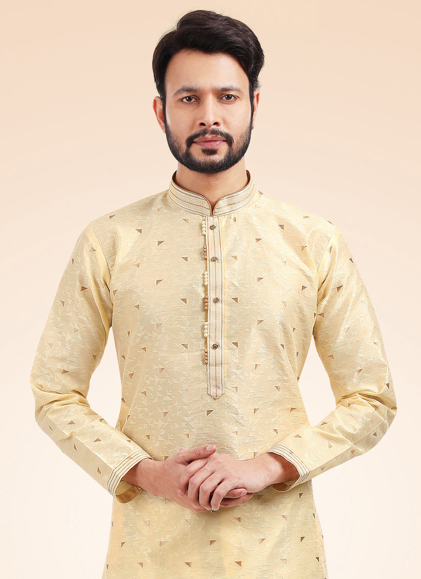 Cream Jacquard Silk Brocade Pintucks Mens Kurta Pyjama Set