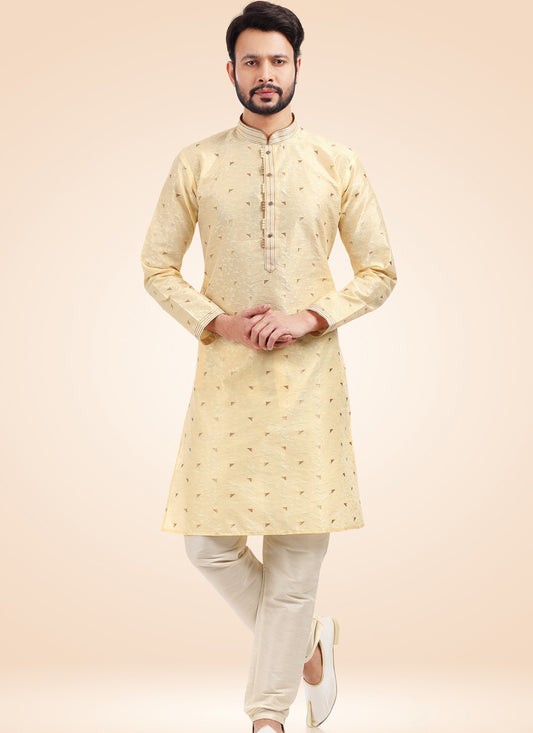 Cream Jacquard Silk Brocade Pintucks Mens Kurta Pyjama Set