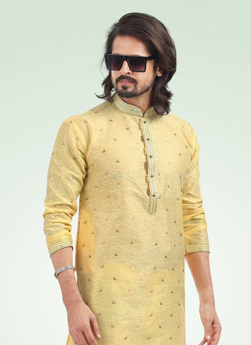 Yellow Jacquard Banarasi Silk Pintucks Mens Kurta Pyjama Set