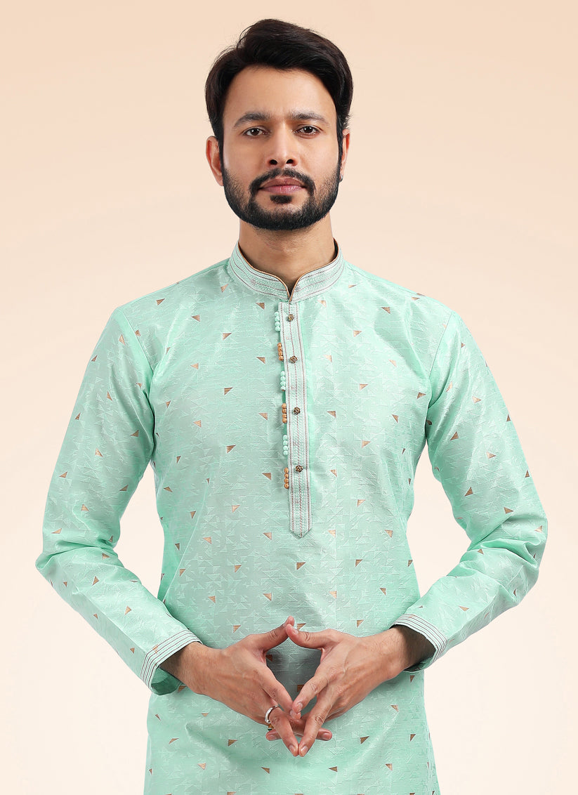 Aqua Mint Jacquard Banarasi Silk Pintucks Mens Kurta Pyjama Set