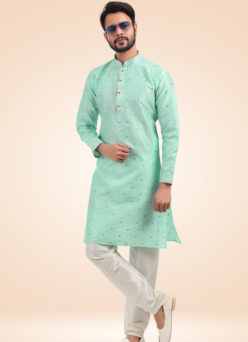 Aqua Mint Jacquard Banarasi Silk Pintucks Mens Kurta Pyjama Set