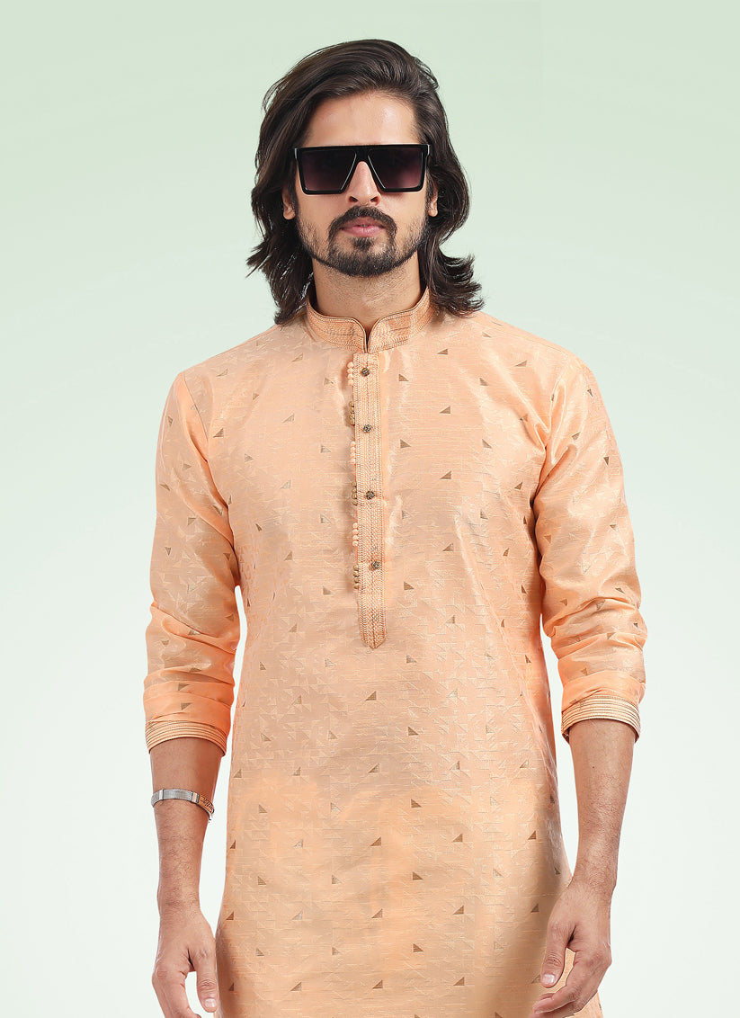 Peach Jacquard Banarasi Silk Pintucks Mens Kurta Pyjama Set