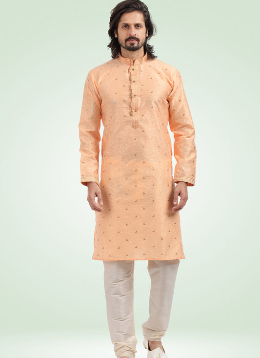 Peach Jacquard Banarasi Silk Pintucks Mens Kurta Pyjama Set