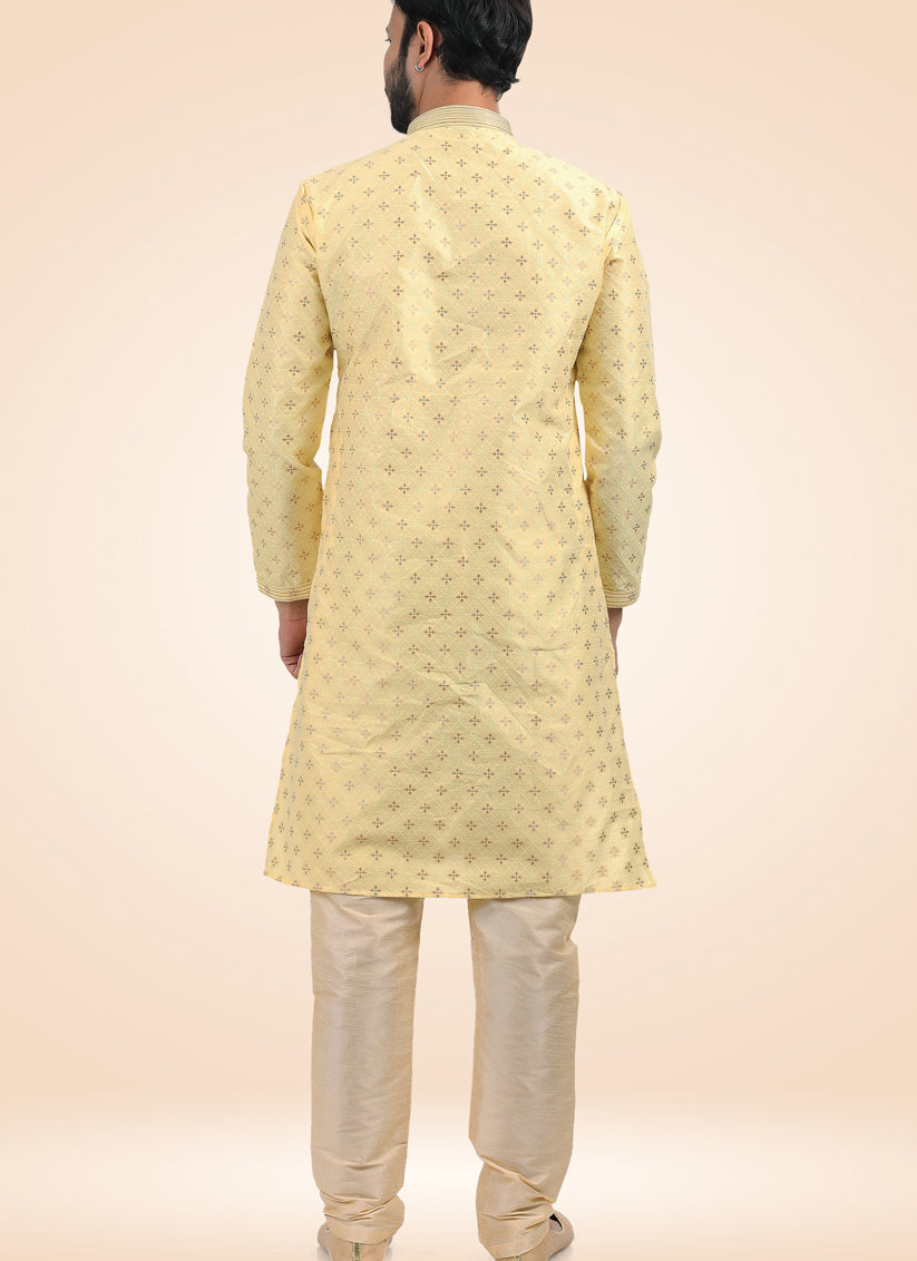 Yellow Jacquard Banarasi Silk Pintucks Mens Kurta Pyjama Set