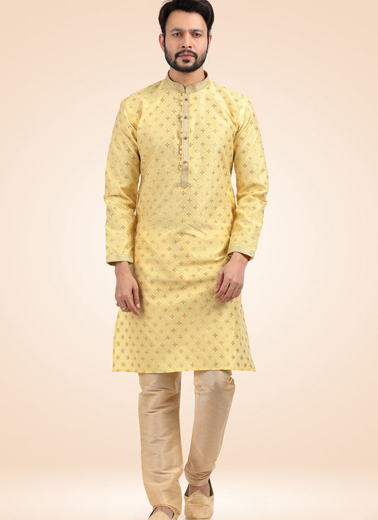 Yellow Jacquard Banarasi Silk Pintucks Mens Kurta Pyjama Set