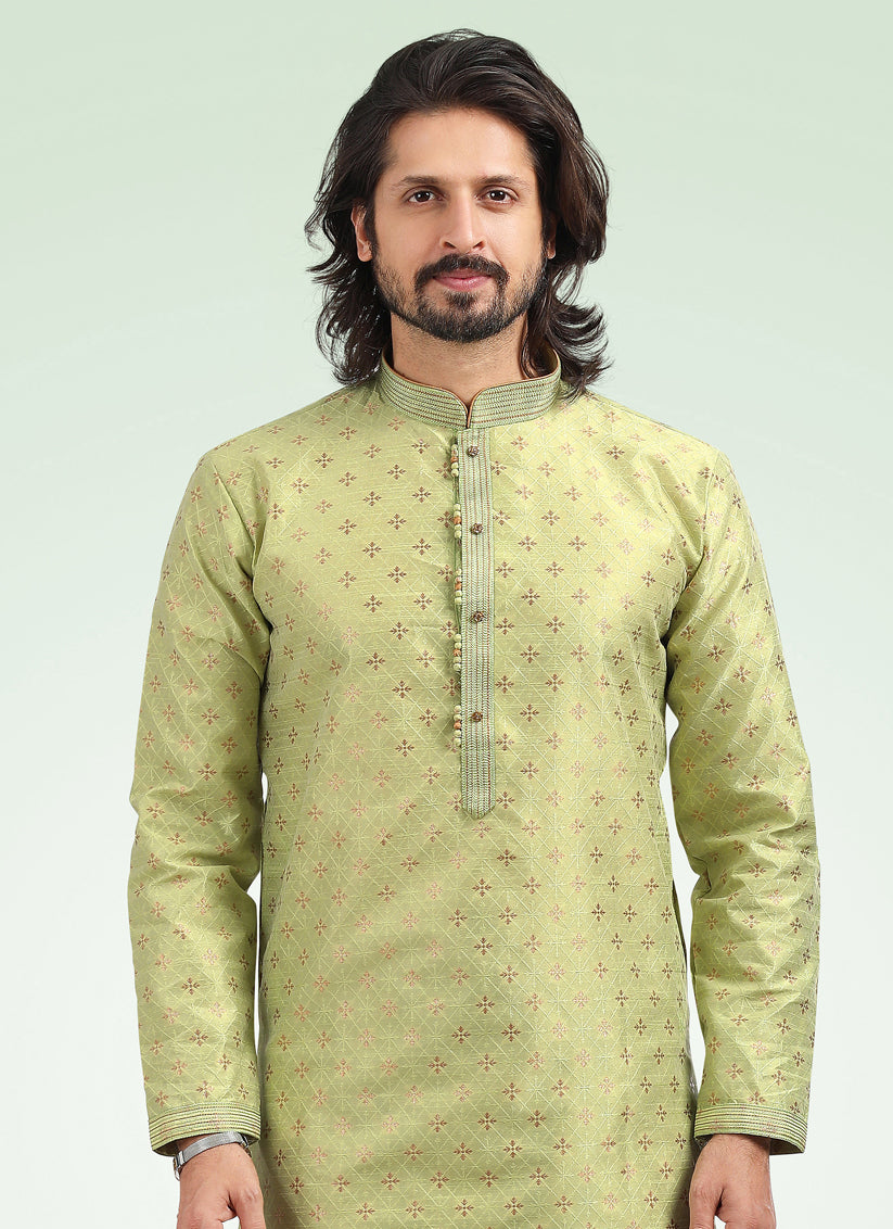 Pistachio Green Jacquard Banarasi Silk Pintucks Mens Kurta Pyjama Set