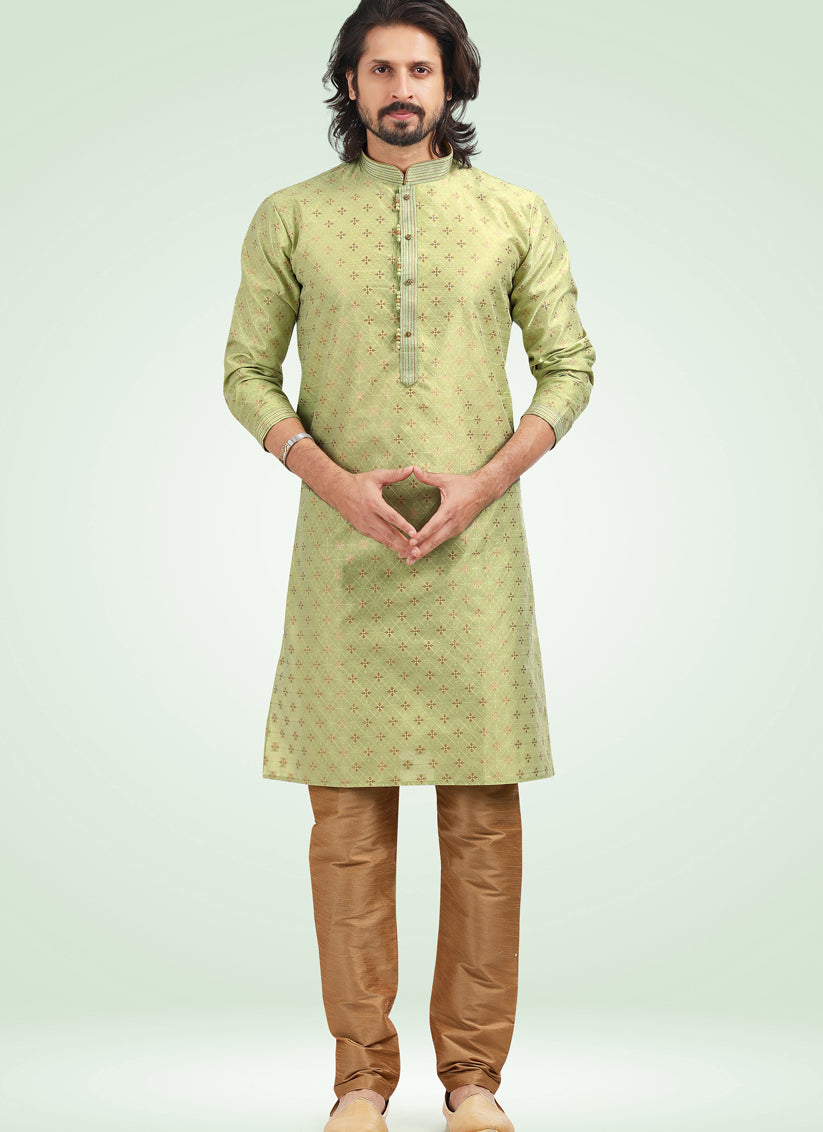 Pistachio Green Jacquard Banarasi Silk Pintucks Mens Kurta Pyjama Set