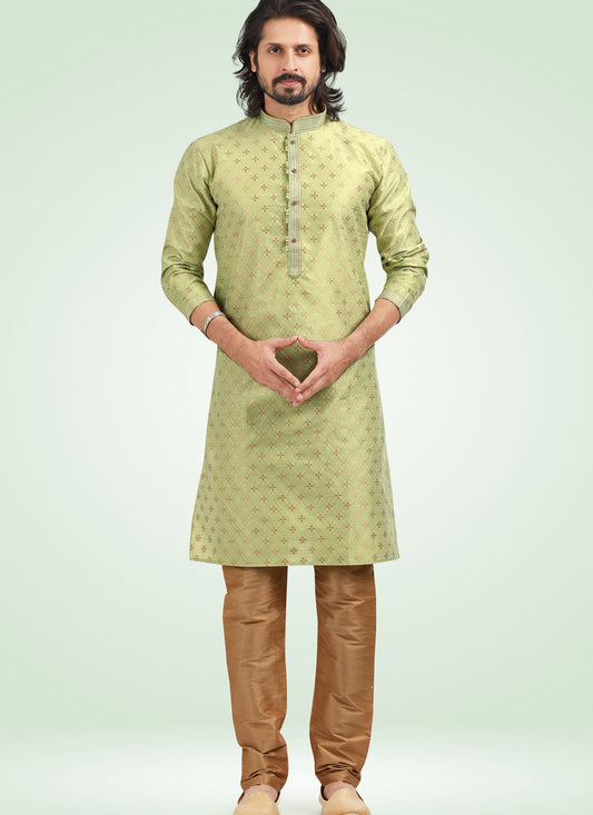 Pistachio Green Jacquard Banarasi Silk Pintucks Mens Kurta Pyjama Set