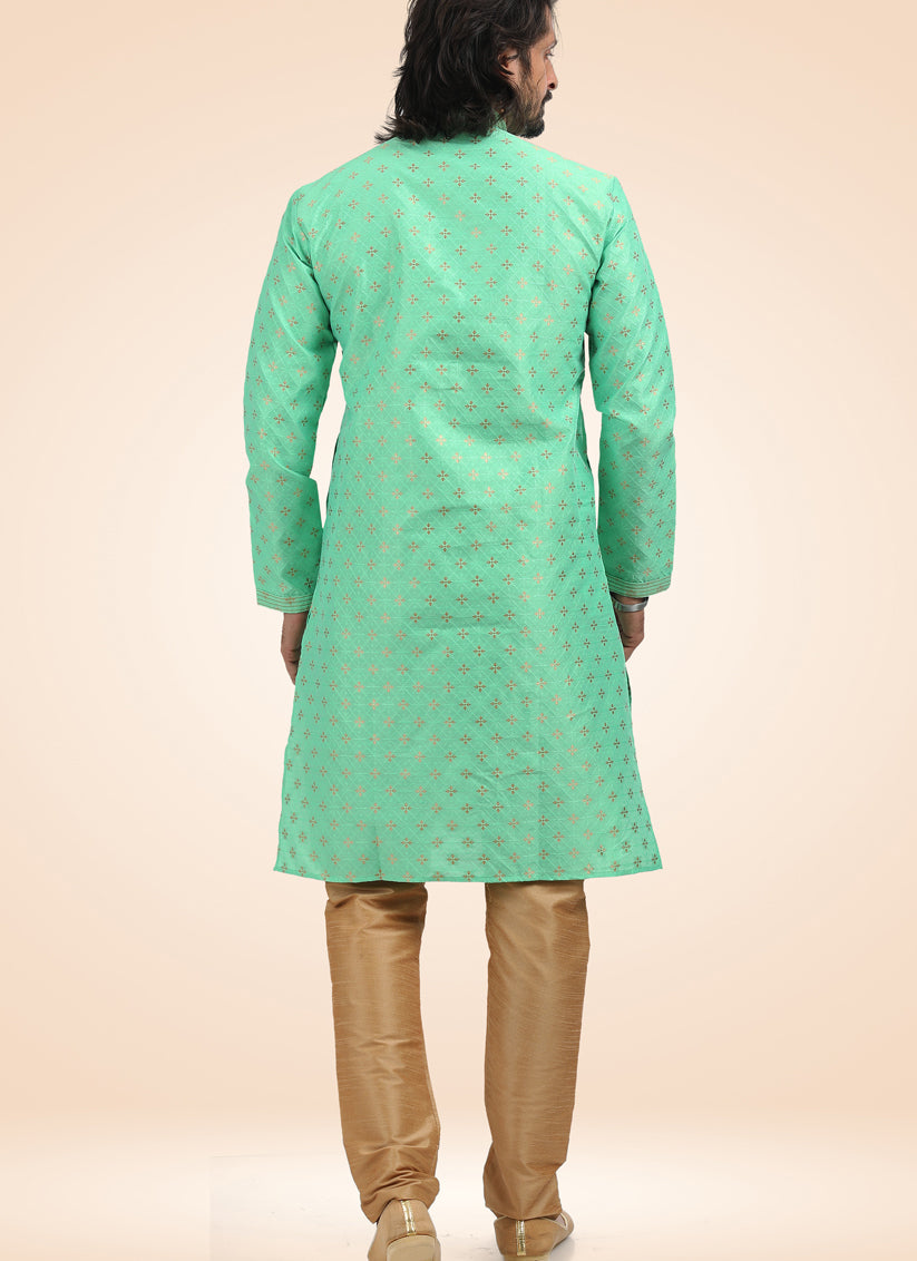 Sea Green Jacquard Banarasi Silk Pintucks Mens Kurta Pyjama Set