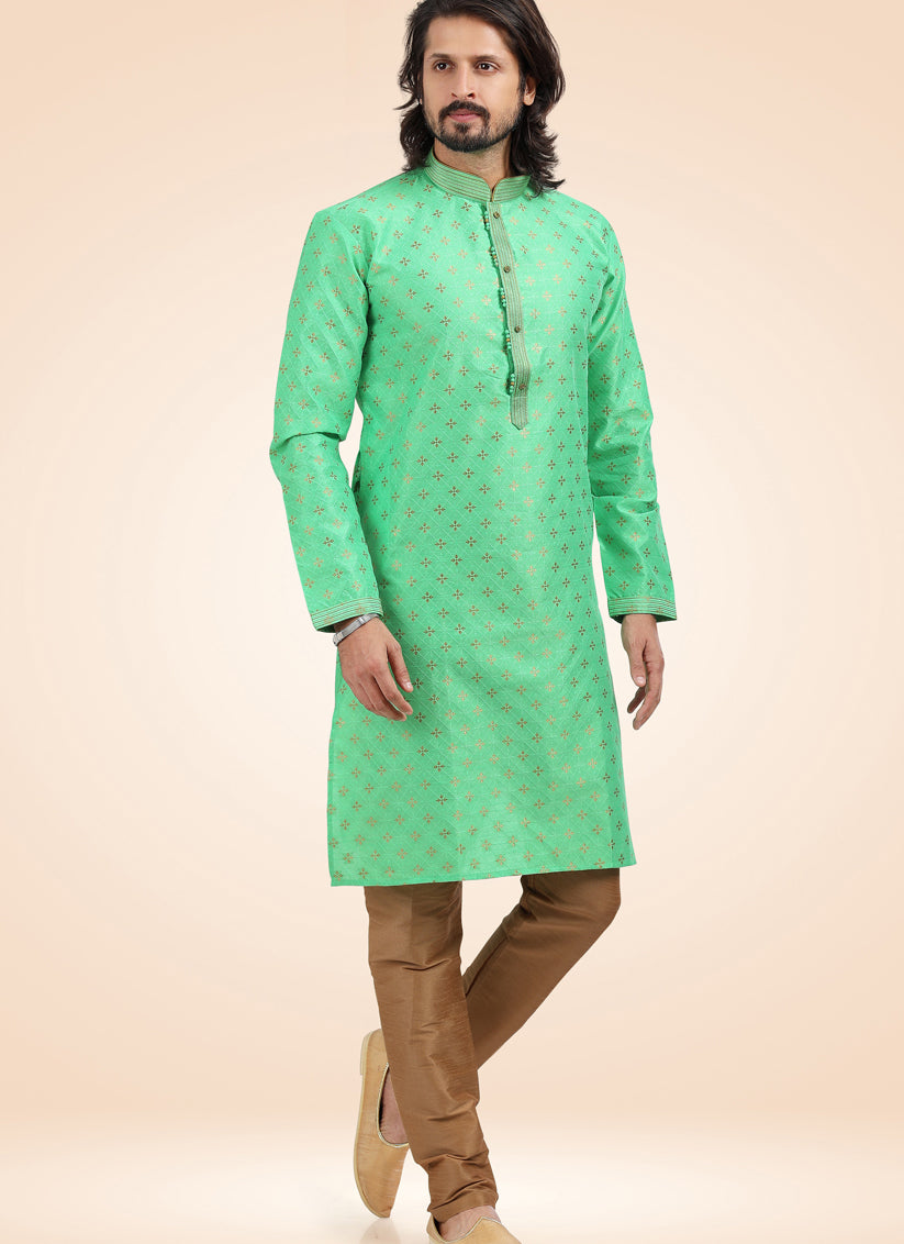 Sea Green Jacquard Banarasi Silk Pintucks Mens Kurta Pyjama Set