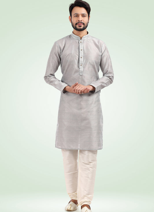 Silver Grey Jacquard Banarasi Silk Pintucks Mens Kurta Pyjama Set