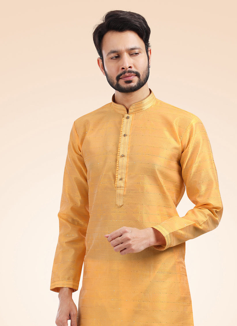 Golden Apricot Jacquard Banarasi Silk Pintucks Mens Kurta Pyjama Set