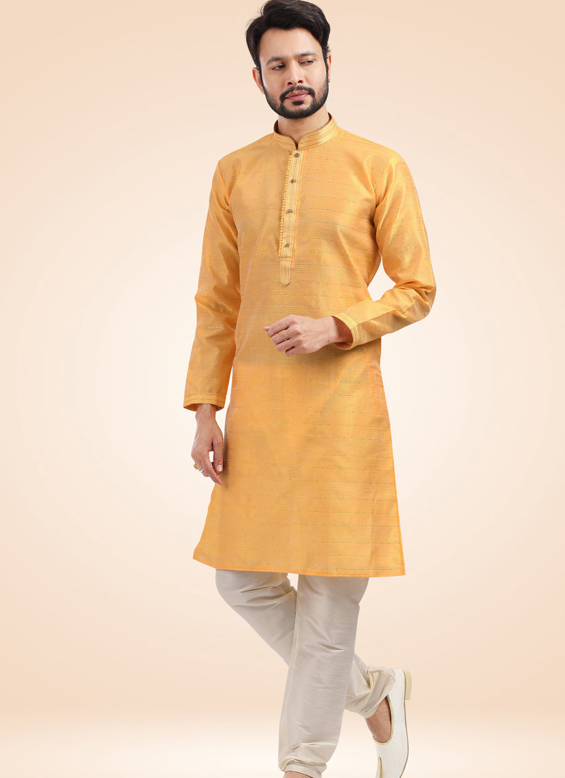 Golden Apricot Jacquard Banarasi Silk Pintucks Mens Kurta Pyjama Set