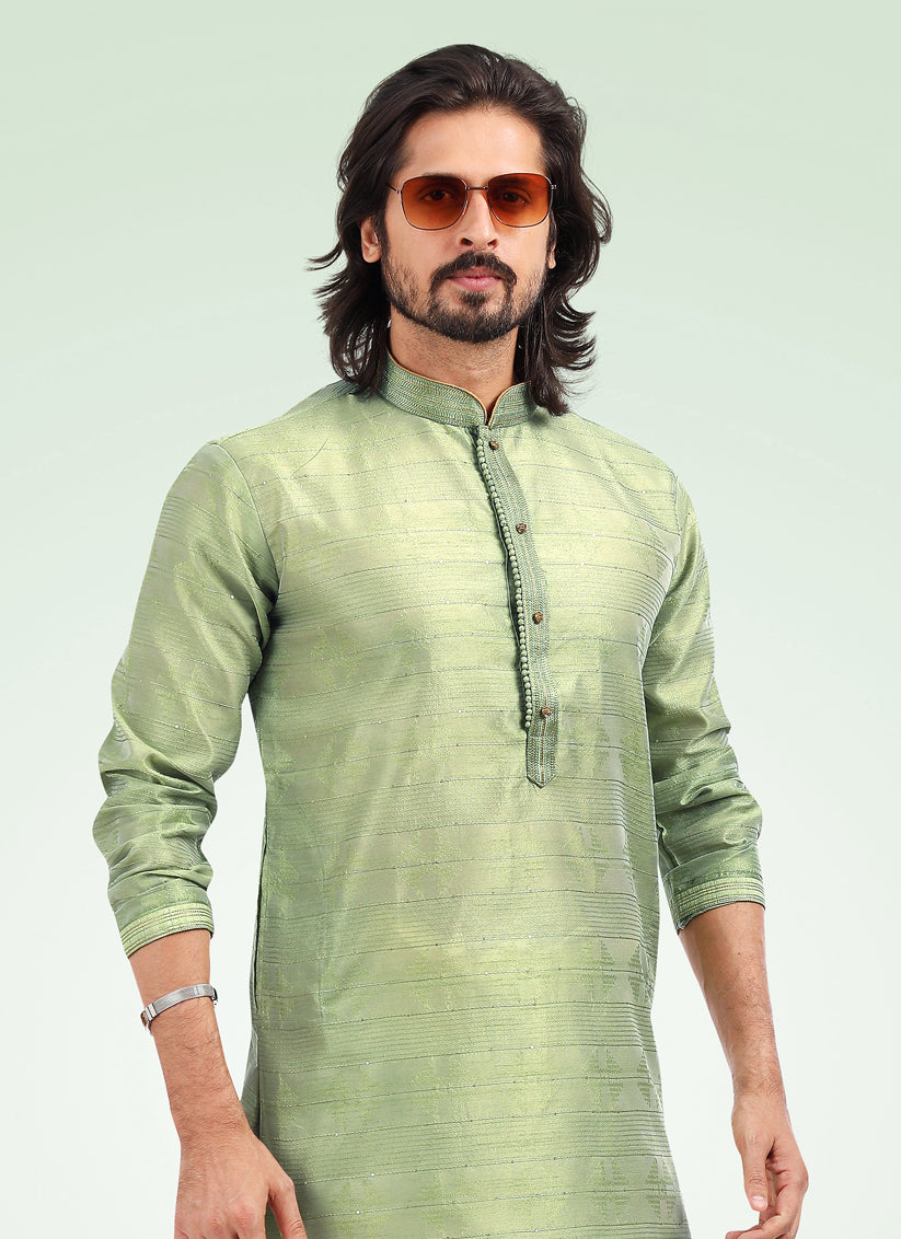 Sage Green Jacquard Banarasi Silk Pintucks Mens Kurta Pyjama Set