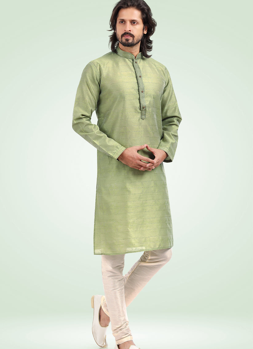 Sage Green Jacquard Banarasi Silk Pintucks Mens Kurta Pyjama Set