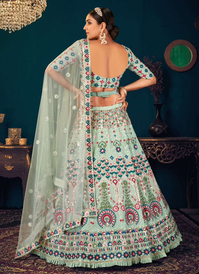 Pastel Green Georgette Embroidered Wedding Lehenga Choli