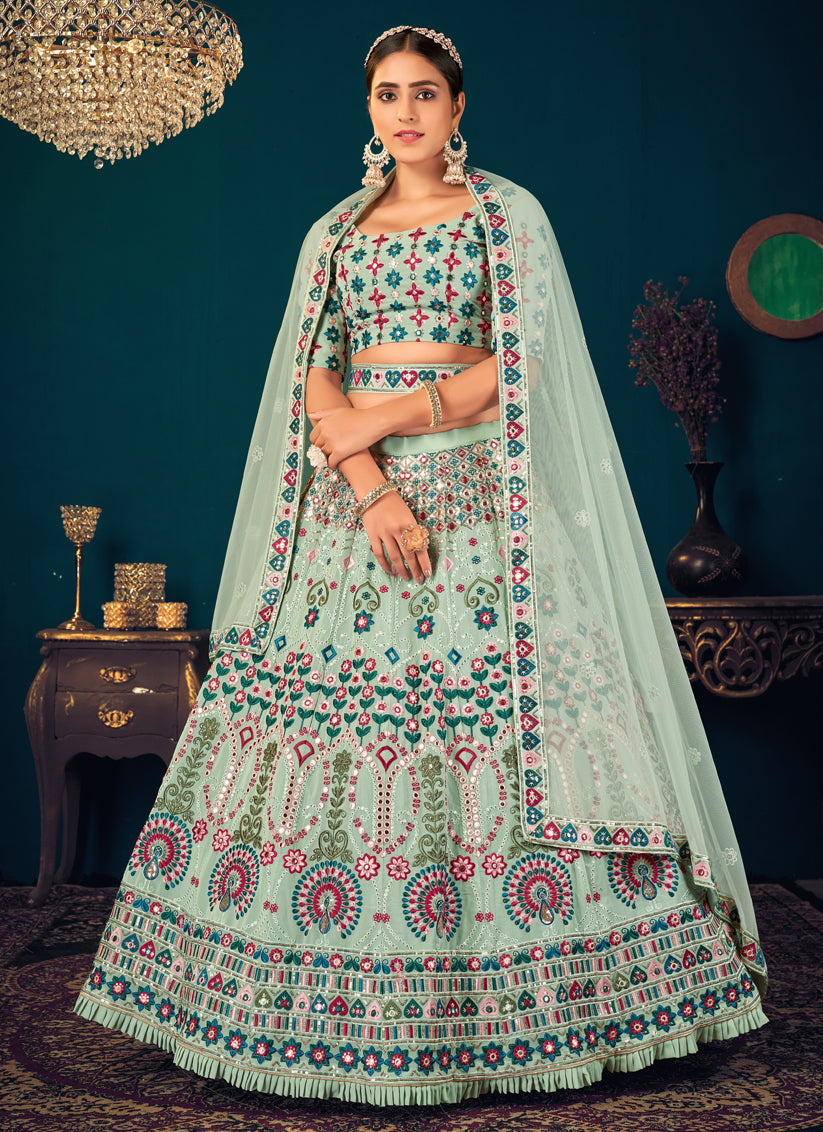 Pastel Green Georgette Embroidered Wedding Lehenga Choli