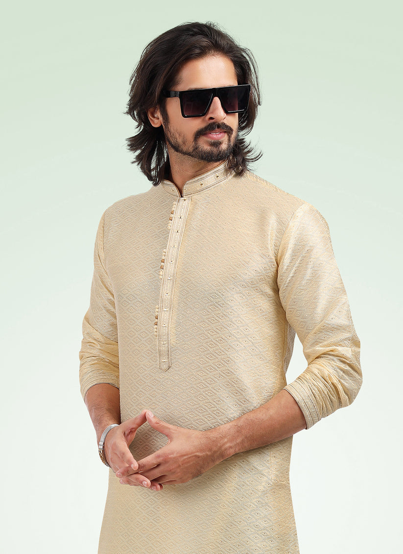 Cream Jacquard Banarasi Silk Pintucks Mens Kurta Pyjama Set