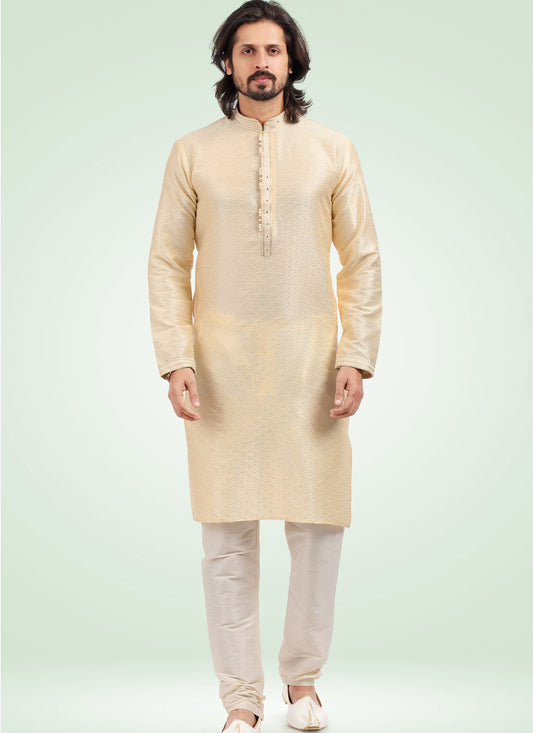 Cream Jacquard Banarasi Silk Pintucks Mens Kurta Pyjama Set