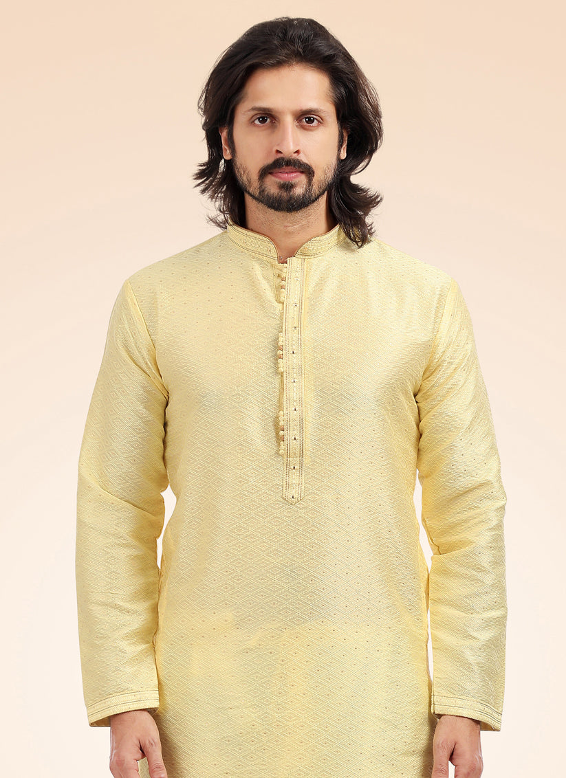 Pastel Yellow Jacquard Banarasi Silk Pintucks Mens Kurta Pyjama Set