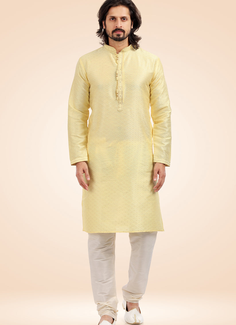 Pastel Yellow Jacquard Banarasi Silk Pintucks Mens Kurta Pyjama Set