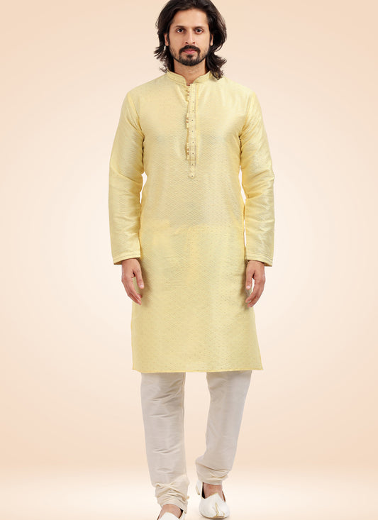 Pastel Yellow Jacquard Banarasi Silk Pintucks Mens Kurta Pyjama Set